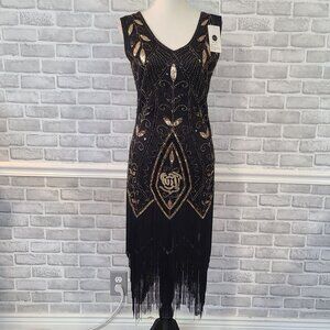 Black Beaded Sequined Dress Fringed Gatstby Flapper 20s Cosplay NEW Med Metme
